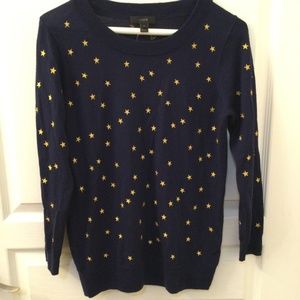 NWT J Crew XS Tippi Navy Sweater 3/4 Sleeve Gold Embroidered Stars Merino Wool